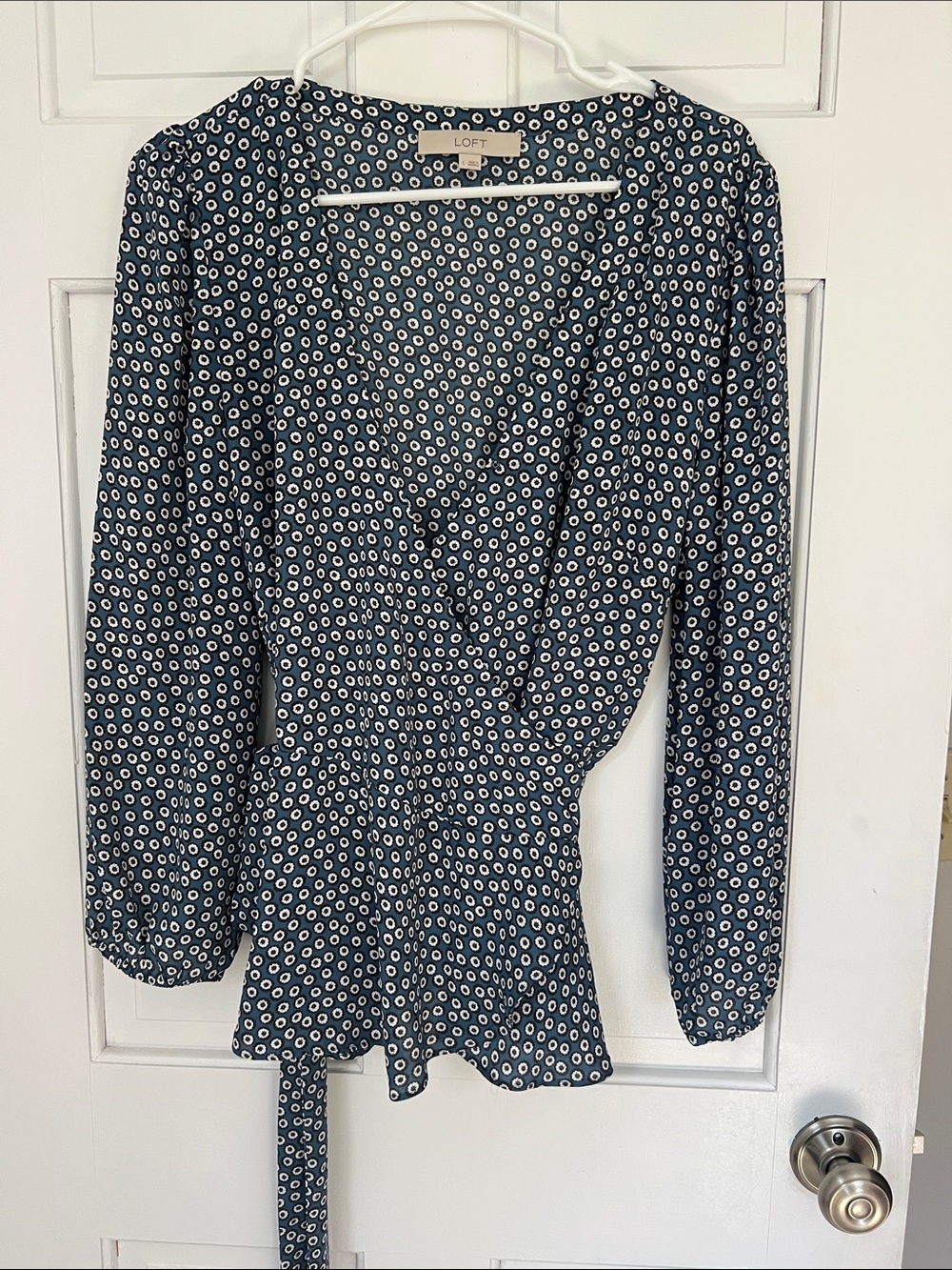 LOFT Navy Blue and White Printed Wrap Blouse